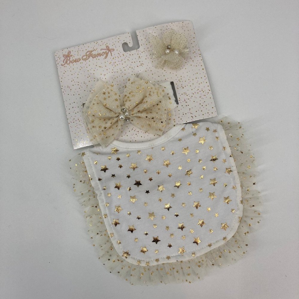 Bow Fancy 3Pc Bib Hairband Bow Barrette Gold Stars